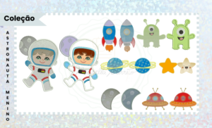 COLEÇÃO DE MATRIZES PARA BORDADO ASTRONAUTA MENINO PONTOS LEVES E APLIQUE