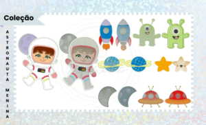 COLEÇÃO DE MATRIZES PARA BORDADO ASTRONAUTA MENINA PONTOS LEVES E APLIQUE